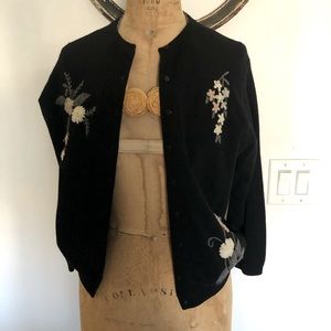 Vintage black angora women’s sweater with hand sewn flowers size 38